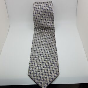 Men's Silver and Navy Patterned Silk Tie